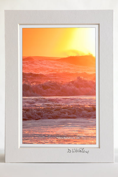 4 x 6 luster print in a 5 x 7 ivory mat of  Warm orange sunrise surf at a Outer Banks beach.
