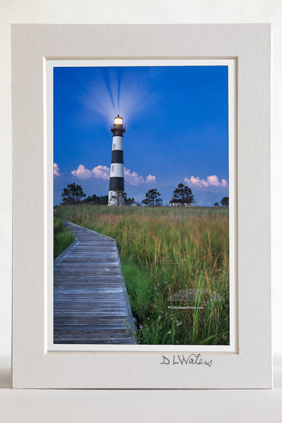 4 x 6 luster print in a 5 x 7 ivory mat of Captured from the boardwalk in the marsh behind Bodie Island Lighthouse just after twilight.