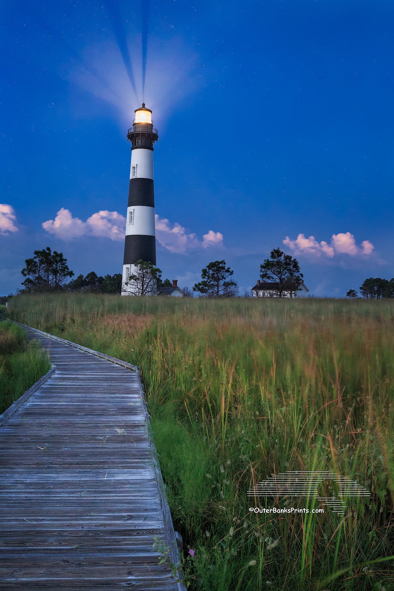 Captured from the boardwalk in the marsh behind Bodie Island Lighthouse just after twilight.