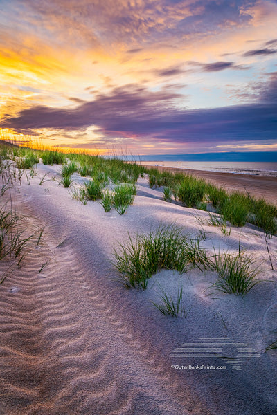 Break of Day Sunrise over the dunes at Frisco beach Cape Hatteras National Seashore on the Outer Banks of North Carolina. Because of the way Cape Point is positioned, Frisco Beach is the only place that I know of on Outer Banks that the sun rises along the beach.  Edit alt text