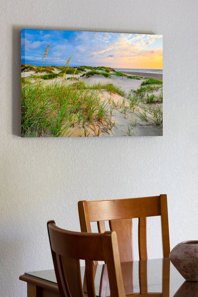 20"x30" x1.5" stretched canvas print hanging in the dining room of Calm sunrise in the sand dunes at Corolla on the Outer Banks of NC.