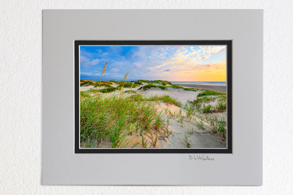 5 x 7 luster prints in a 8 x 10 ivory and black double mat of  Calm sunrise in the sand dunes at Corolla on the Outer Banks of NC.