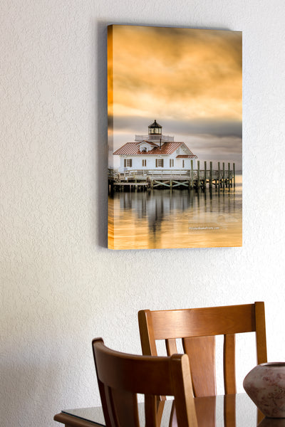 A painterly photo of  Roanoke Marshes Lighthouse at sunrise.