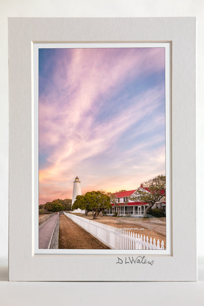 4 x 6 luster print in a 5 x 7 ivory mat of Cloudy sunrise at Ocracoke Lighthouse on the Outer Banks of NC.