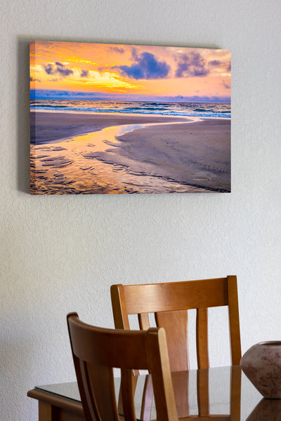 20"x30" x1.5" stretched canvas print hanging in the dining room of Tidepool emptying into the Atlantic Ocean at sunrise in Corolla on the Outer Banks of NC.