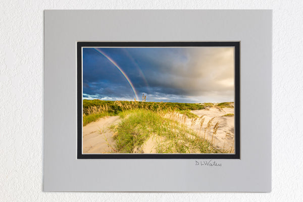 5 x 7 luster prints in a 8 x 10 ivory and black double mat of  Outer Bank sand dunes and double rainbow in Corolla North Carolina.