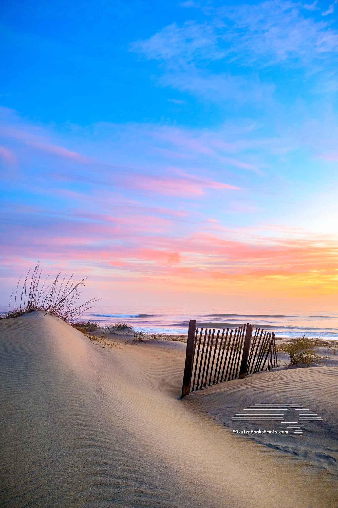 Sand dune and sand fence at sunrise on a Nags Head beach, Outer Banks NC.