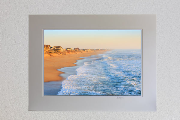 13 x 19 luster print in 18 x 24 ivory ￼￼mat of Empty beach photographed from Kitty Hawk Fishing Pier on the Outer Banks of NC.