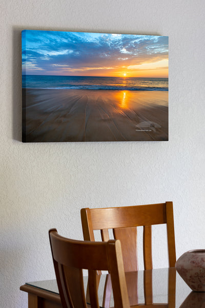 20"x30" x1.5" stretched canvas print hanging in the dining room of Sunrise sand pattern created by the wave action at Coquina Beach on the Outer Banks, NC.