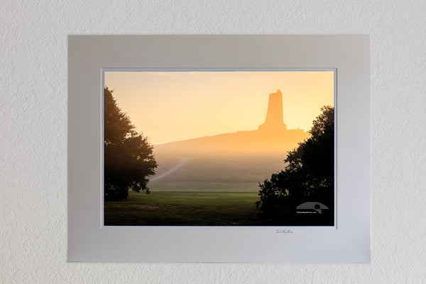 13 x 19 luster print in 18 x 24 ivory ￼￼mat of Silhouette on a foggy morning of the Wright Brothers National Monument on the Outer Banks, NC.