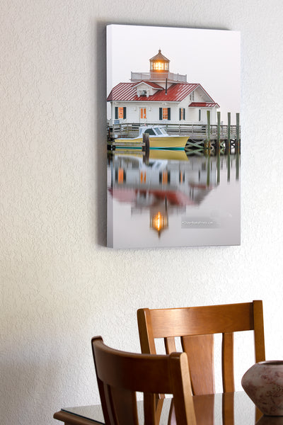 20"x30" x1.5" stretched canvas print hanging in the dining room of Roanoke Marshes Lighthouse in the fog  on the Outer Banks of NC.