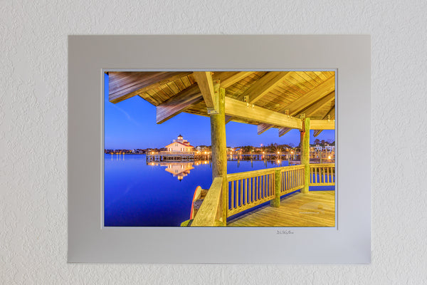 13 x 19 luster print in 18 x 24 ivory ￼￼mat of Roanoke Marshes Lighthouse seen from the Manteo gazebo on Shallowbag Bay.