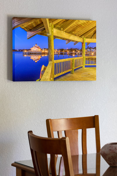 20"x30" x1.5" stretched canvas print hanging in the dining room of Roanoke Marshes Lighthouse seen from the Manteo gazebo on Shallowbag Bay.