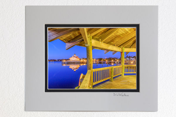 5 x 7 luster prints in a 8 x 10 ivory and black double mat of  Roanoke Marshes Lighthouse seen from the Manteo gazebo on Shallowbag Bay.