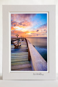 4 x 6 luster print in a 5 x 7 ivory mat of  Peaceful sunrise at Kitty Hawk Fishing Pier on the Outer Banks of NC.