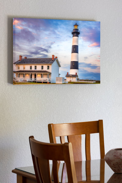 20"x30" x1.5" stretched canvas print hanging in the dining room of Dusk at Bodie Island Lighthouse Cape Hatteras National Seashore on the Outer Banks. NC.  