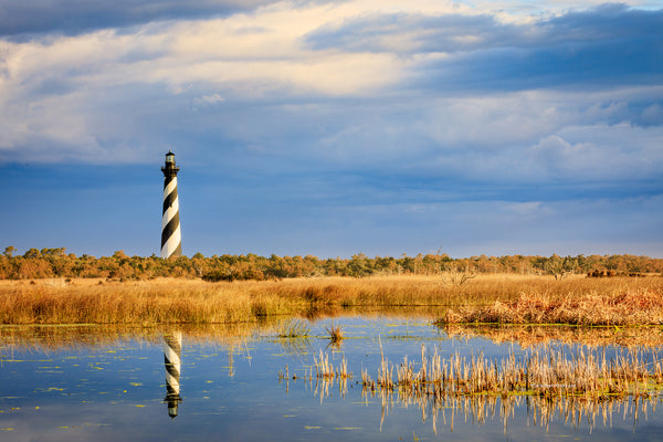 Cape Hatteras lighthouse reflected in the wild marshy landscape on the Outer Banks of NC.