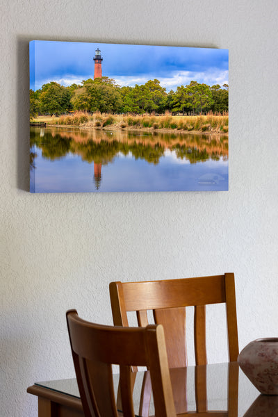 20"x30" x1.5" stretched canvas print hanging in the dining room of Reflection of the Currituck Beach Lighthouse  in Corolla on a late afternoon.