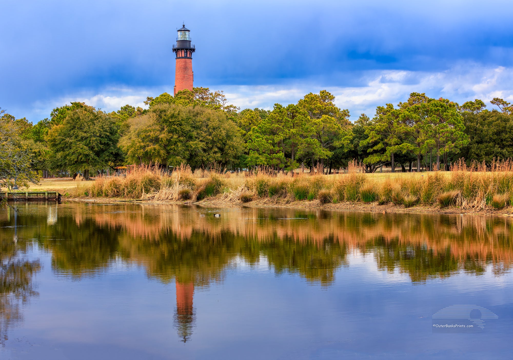 Reflection of the Currituck Beach Lighthouse  in Corolla on a late afternoon.