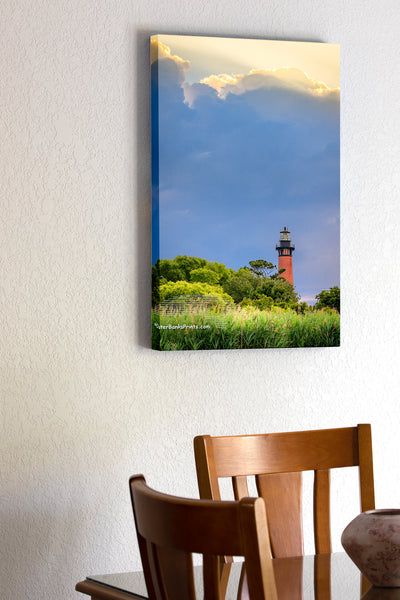 20"x30" x1.5" stretched canvas print hanging in the dining room of Currituck Beach Lighthouse and dramatic sky in Corolla on the Outer Banks of North Carolina.