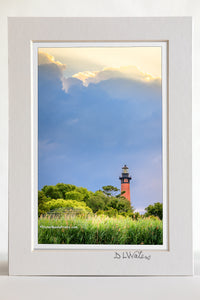 4 x 6 luster print in a 5 x 7 ivory mat of  Currituck Beach Lighthouse and dramatic sky in Corolla on the Outer Banks of North Carolina.