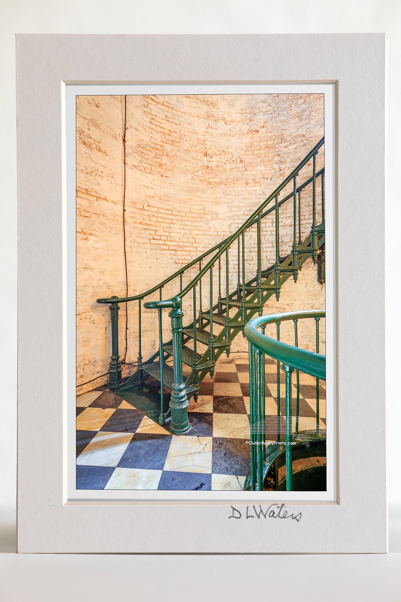 4 x 6 luster print in a 5 x 7 ivory mat of Checkerboard pattern tile leading up to the spiral staircase at Currituck Beach Lighthouse in Corolla, NC.