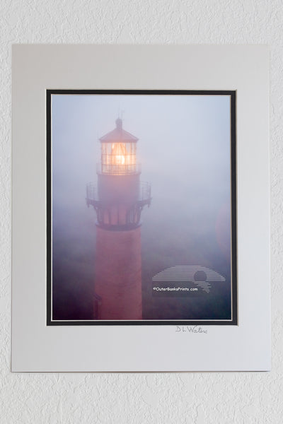8 x 10 luster print in a 11 x 14 ivory and black double mat of Aerial photograph of a foggy Currituck Beach Lighthouse in Corolla on the Outer Banks of NC.