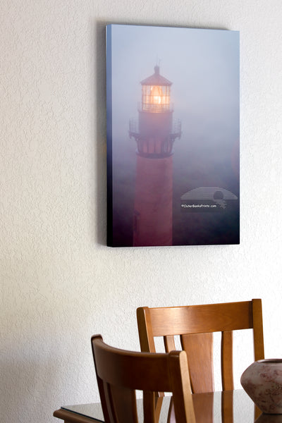 20"x30" x1.5" stretched canvas print hanging in the dining room of Aerial photograph of a foggy Currituck Beach Lighthouse in Corolla on the Outer Banks of NC.