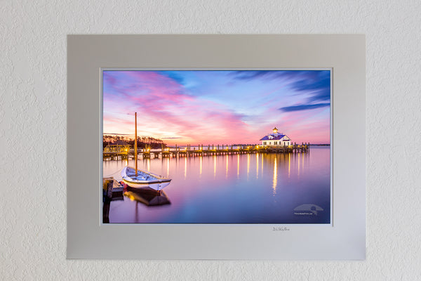 13 x 19 luster print in 18 x 24 ivory ￼￼mat of Roanoke Marshes Lighthouse and Shallowbag Bay at sunrise in Manteo on the Outer Banks of NC.