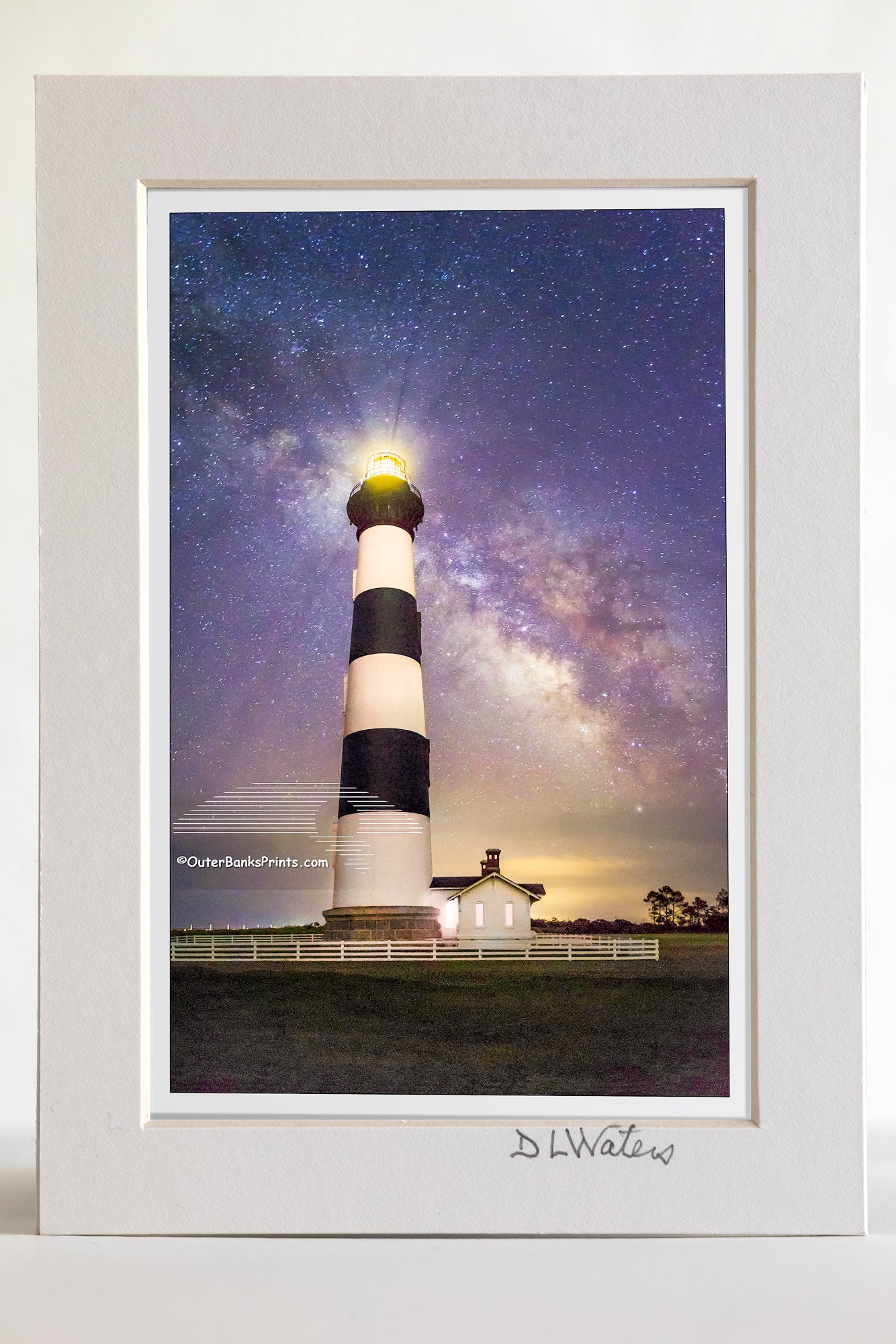 4 x 6 luster print in a 5 x 7 ivory mat of Bodie Island Lighthouse and a star filled sky including the Milky-way galaxy on the Outer Banks of North Carolina.