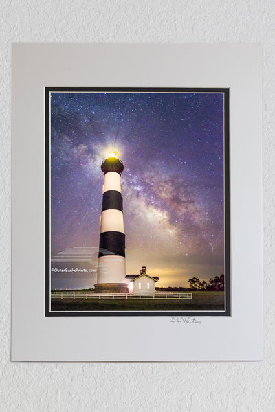 8 x 10 luster print in a 11 x 14 ivory and black double mat of Bodie Island Lighthouse and a star filled sky including the Milky-way galaxy on the Outer Banks of North Carolina.