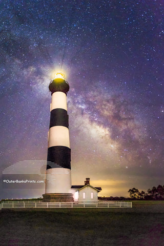 Bodie Island Lighthouse and a star filled sky including the Milky-way galaxy on the Outer Banks of North Carolina.