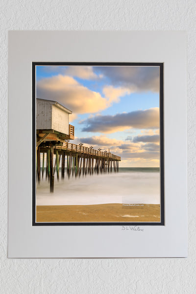 5 x 7 luster prints in a 8 x 10 ivory and black double mat of  Long morning exposure of the beach and Kitty Hawk Fishing Pier, on the Outer Banks of NC.