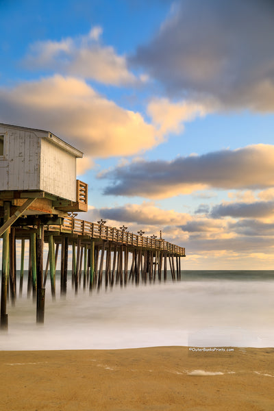Long morning exposure of the beach and Nags Head Fishing Pier, on the Outer Banks of NC.