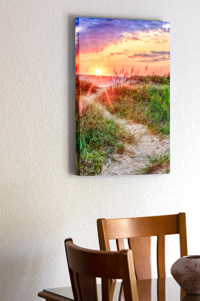 20"x30" x1.5" stretched canvas print hanging in the dining room of A path through the dunes to a Outer Banks beach in Kitty Hawk , NC at sunrise.