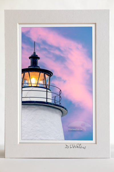 4 x 6 luster print in a 5 x 7 ivory mat of  Twilight close-up of Ocracoke Lighthouse on the Outer Banks of NC.