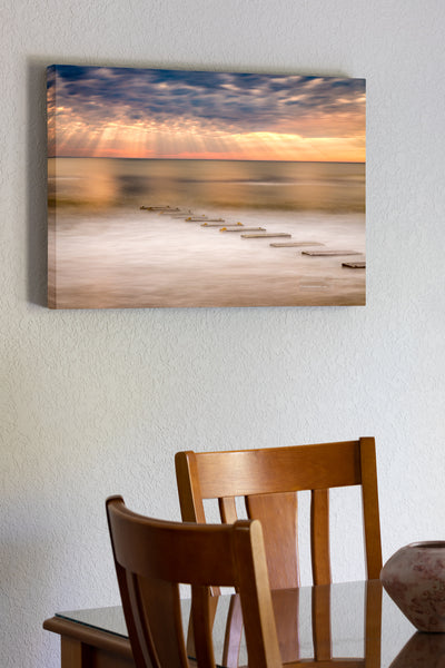 20"x30" x1.5" stretched canvas print hanging in the dining room of Long exposure of an amazing sky and a drainage outflow in Nags Head on the Outer Banks of NC.
