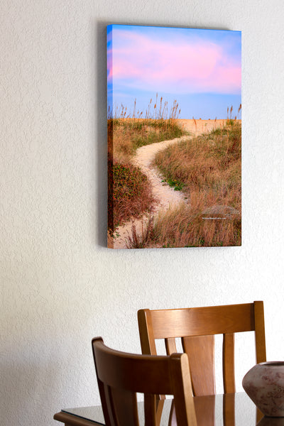 20"x30" x1.5" stretched canvas print hanging in the dining room of Path over the sand dune at sunset in Kitty Hawk on the Outer Banks of NC.