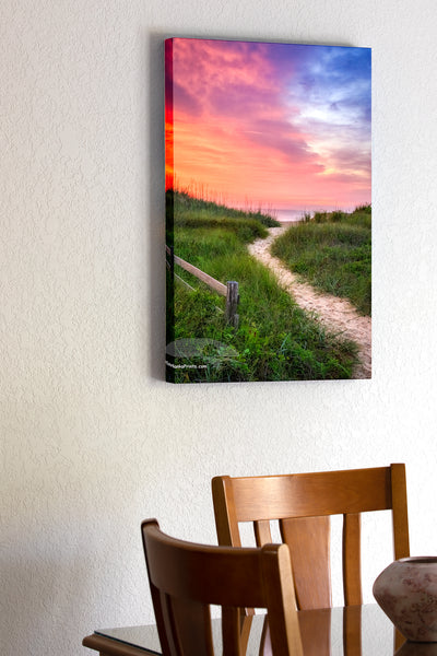 20"x30" x1.5" stretched canvas print hanging in the dining room of Kitty Hawk path to the beach at twilight, lit with a flashlight, on the Outer banks.