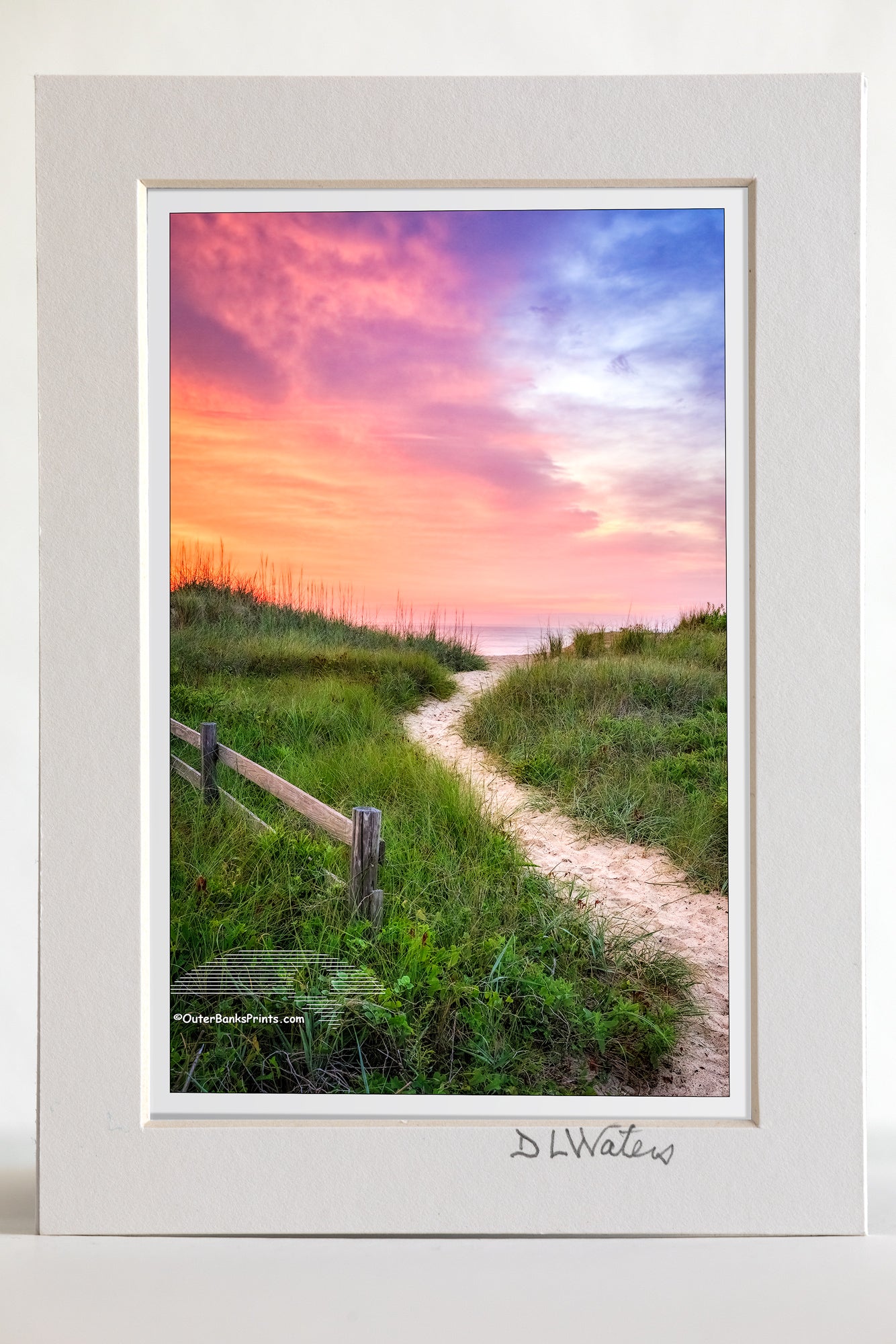 4 x 6 luster print in a 5 x 7 ivory mat of  Kitty Hawk path to the beach at twilight, lit with a flashlight, on the Outer banks.