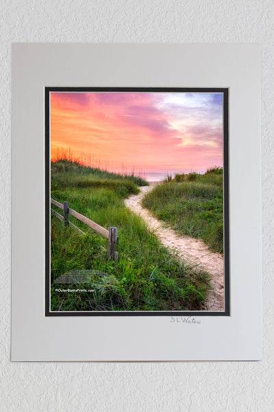 8 x 10 luster print in a 11 x 14 ivory and black double mat of Kitty Hawk path to the beach at twilight, lit with a flashlight, on the Outer banks.