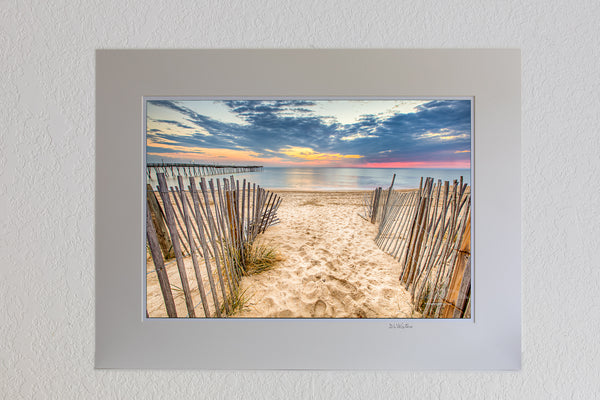 13 x 19 luster print in 18 x 24 ivory ￼￼mat of Sand fence at Avalon Fishing Pier.  Edit alt text