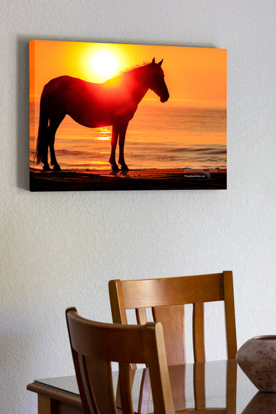 20"x30" x1.5" stretched canvas print hanging in the dining room of Wild horse silhouette on the beach in front of surf at sunrise in Corolla, NC on the Outer Banks.