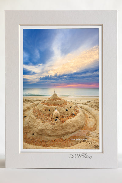 4 x 6 luster print in a 5 x 7 ivory mat of Sunrise sandcastle in Kitty Hawk, NC on the Outer Banks.