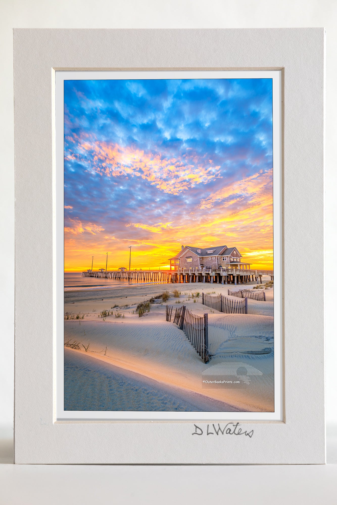 4 x 6 luster print in a 5 x 7 ivory mat of  Sand dunes and sand fence at sunrise at Jennette's Pier in Nags Head on the Outer Banks of NC.