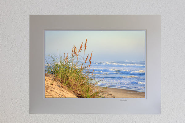 13 x 19 luster print in 18 x 24 ivory ￼￼mat of Sunny Cape Hatteras beach morning on the Outer Banks of NC.