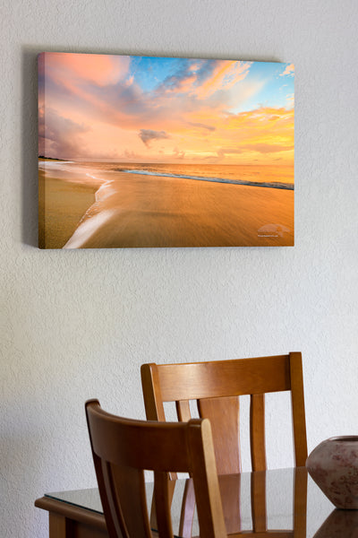 20"x30" x1.5" stretched canvas print hanging in the dining room of Soft surf at sunrise on Kitty Hawk Beach, Outer Banks North Carolina.