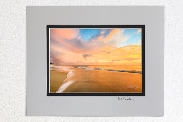 5 x 7 luster prints in a 8 x 10 ivory and black double mat of  Soft surf at sunrise on Kitty Hawk Beach, Outer Banks North Carolina.