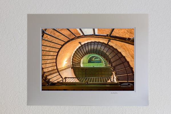 13 x 19 luster print in 18 x 24 ivory ￼￼mat of Looking up at the spiral stairs inside of Currituck Beach Lighthouse. in Corolla, NC on the Outer Banks.