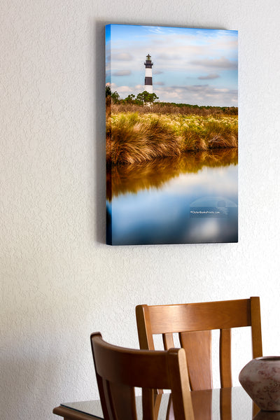 20"x30" x1.5" stretched canvas print hanging in the dining room of A long 30 second exposure results in a unusual photograph of Bodie IIsland Lighthouse on the Outer Banks.